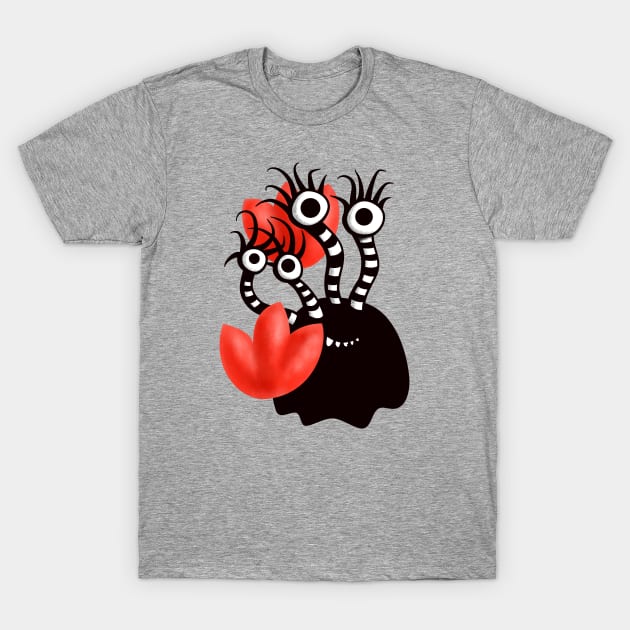 Cute Monster With Four Eyes Abstract Tulips T-Shirt by Boriana Giormova